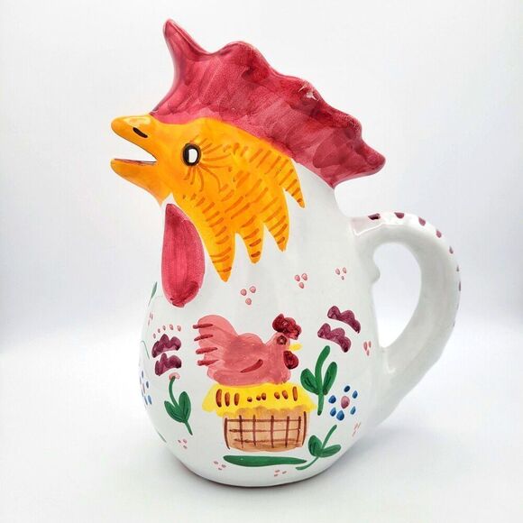 Vintage Handpainted Italian Rooster Pottery Pitcher - Picture 1 of 12